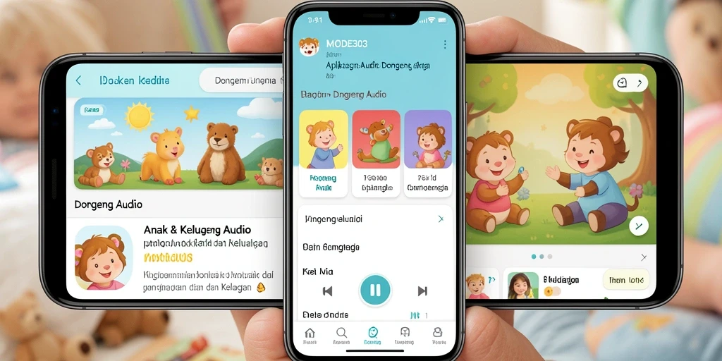 Antarmuka aplikasi MODE303 menampilkan berbagai pilihan dongeng audio untuk anak.