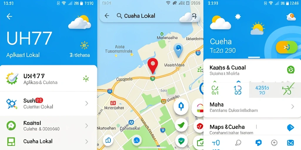 Antarmuka aplikasi UH77 yang menampilkan informasi cuaca lokal.